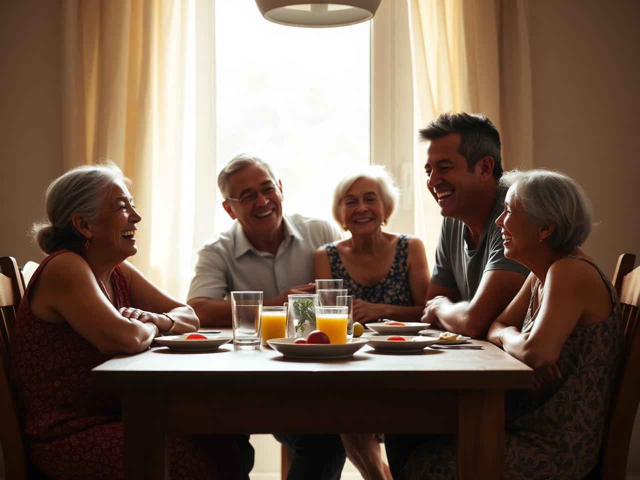 Família reunida ao redor da mesa, compartilhando memórias