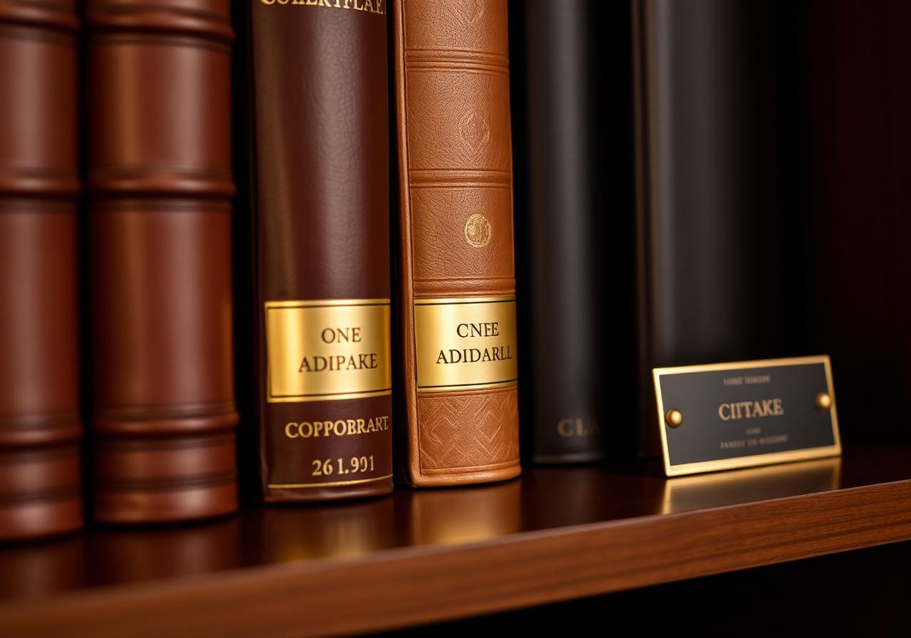 Detalhe de livros de couro do arquivo corporativo